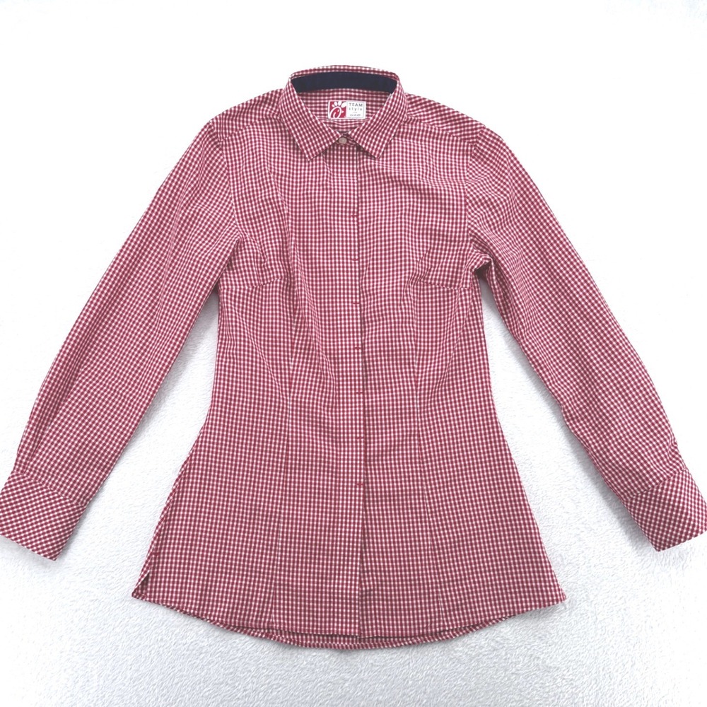 Chick-fil-A Oobe Women Button Down Shirt‎ XS Red Gingham Check Long Sleeve